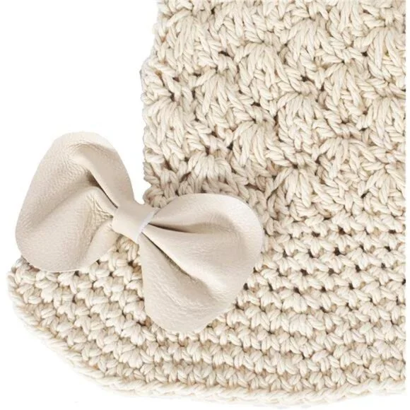 Women Winter Crochet Bucket Hat Bow Beige